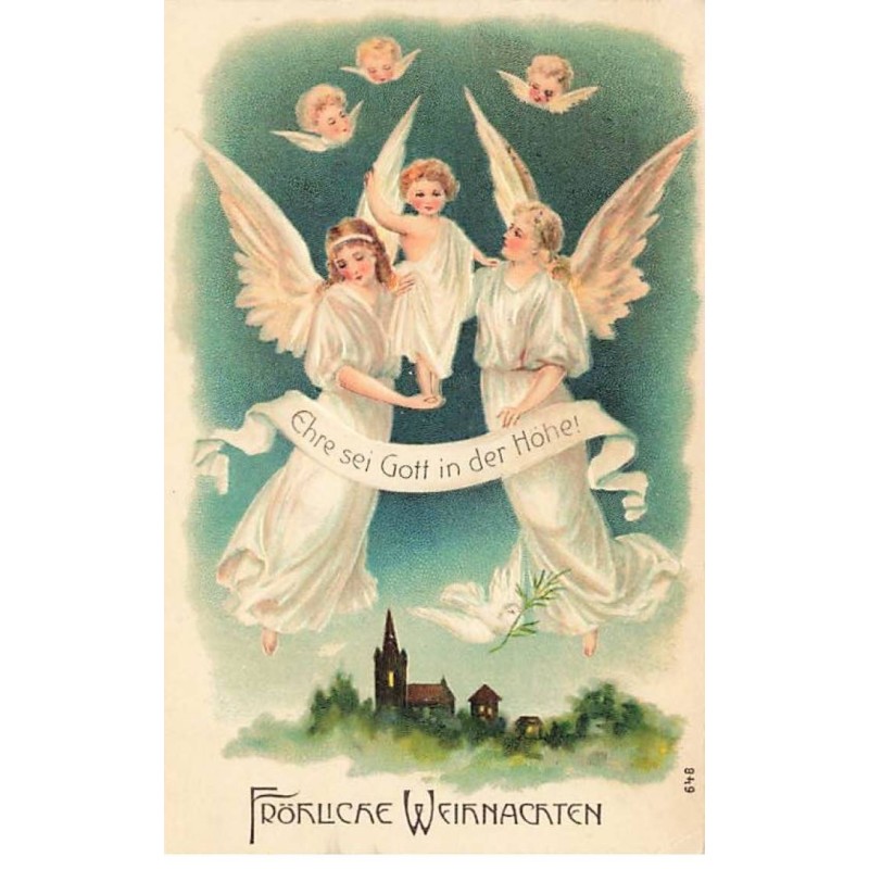 n°25918 - Carte Gaufrée - Fröhliche Weihnachten - Ehre sei Gott in der Höhe - Anges dans le ciel