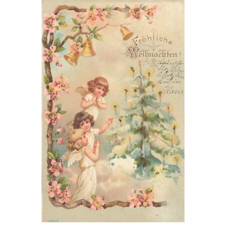 n°25920 - Carte avec Paillettes - Fröhliche Weihnachten - Anges priant près d'un sapin