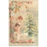 n°25920 - Carte avec Paillettes - Fröhliche Weihnachten - Anges priant près d'un sapin
