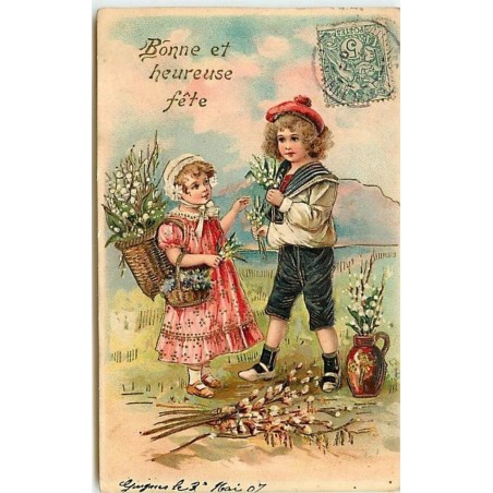 n°12696 - Carte Gaufrée - Bonne et heureuse fête - Enfants cueillant des fleurs