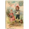 n°12696 - Carte Gaufrée - Bonne et heureuse fête - Enfants cueillant des fleurs