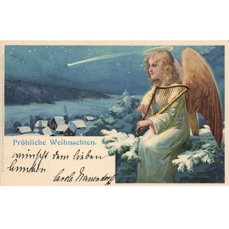 n°25921 - Meissner - Fröhliche Weihnachten - Ange Gardien jouant de la lyre au-dessus d'un village