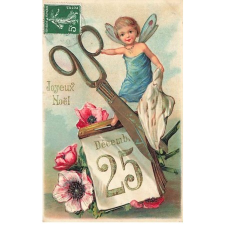 n°25923 - Carte Gaufrée - Joyeux Noël - Ange tenant des ciseaux près d'un éphéméride et de coquelicots