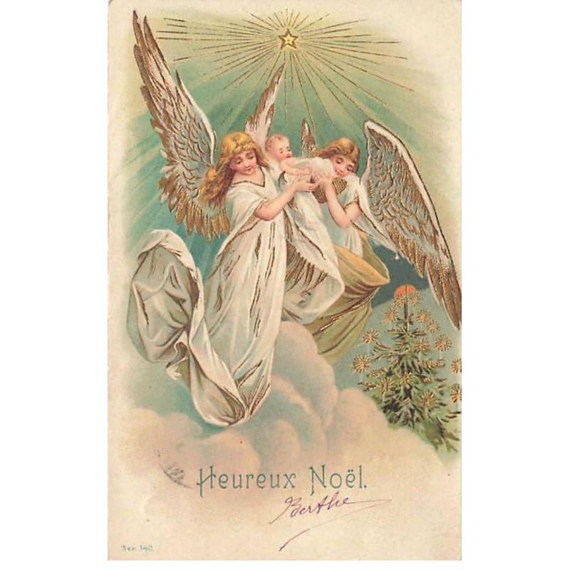 n°25926 - Heureux Noël - Anges gardiens descendant du ciel en portant un bébé