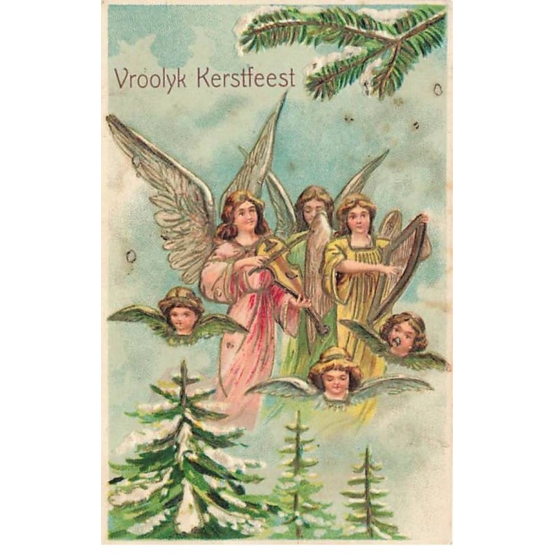 n°25929 - Carte Gaufrée - Vroolijk Kerstfeest - Anges gardiens jouant de la musique