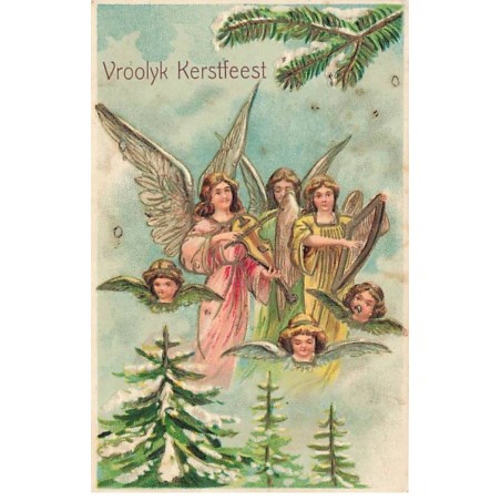 n°25929 - Carte Gaufrée - Vroolijk Kerstfeest - Anges gardiens jouant de la musique