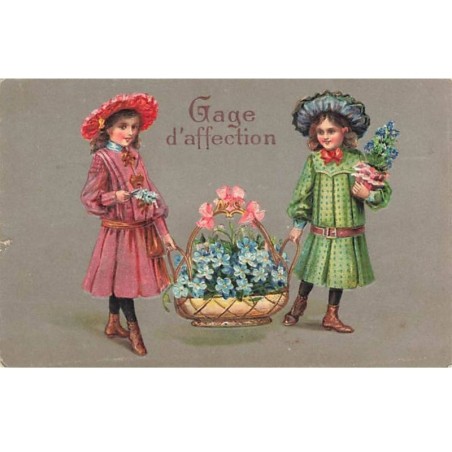 n°25930 - Carte Gaufrée - Gage d'Affectation - Fillettes portant une Corbeille de Myosotis