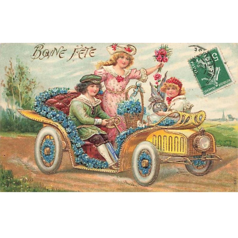 n°25931 - Carte Gaufrée - Bonne Fête - 2 Fillettes et un Garçon dans une Automobile - Myosotis