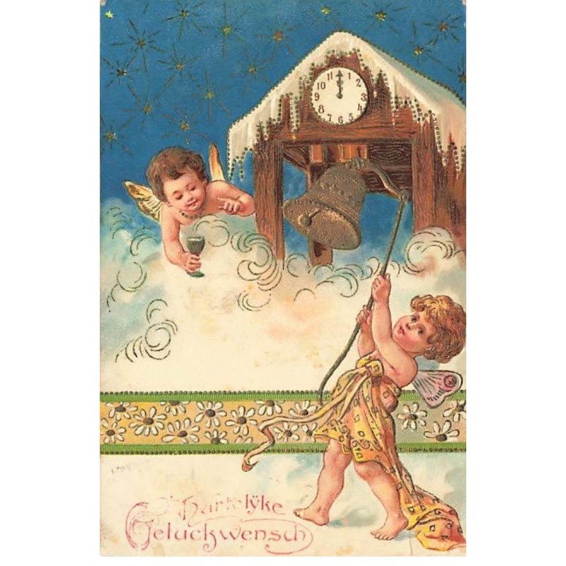 n°25935 - Carte Gaufrée - Hartelÿke Geluckwensch - Anges sonnant une cloche
