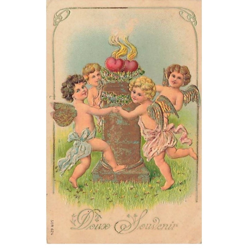 n°25936 - Carte Gaufrée - SER 624 - Doux Souvenir - Anges tournant autour de coeurs