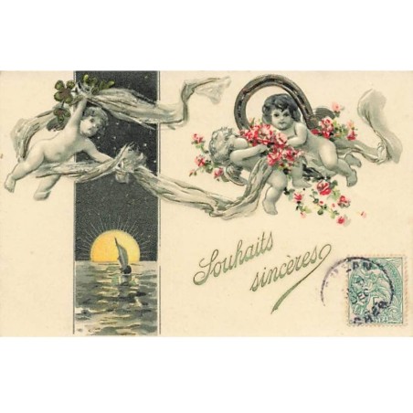 n°25938 - Carte Gaufrée - Souhaits Sincères - Angelots - Fer à cheval