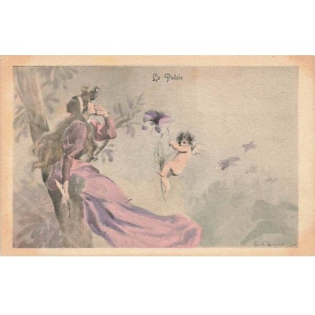 n°25940 - La Poésie - Femme et Angelot avec une fleur