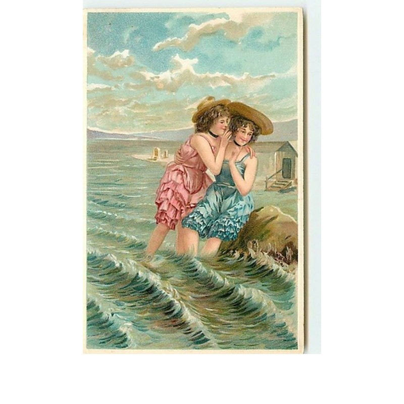 n°12699 - Carte Gaufrée - Baigneuses les pieds dans l'eau - Baigneuse