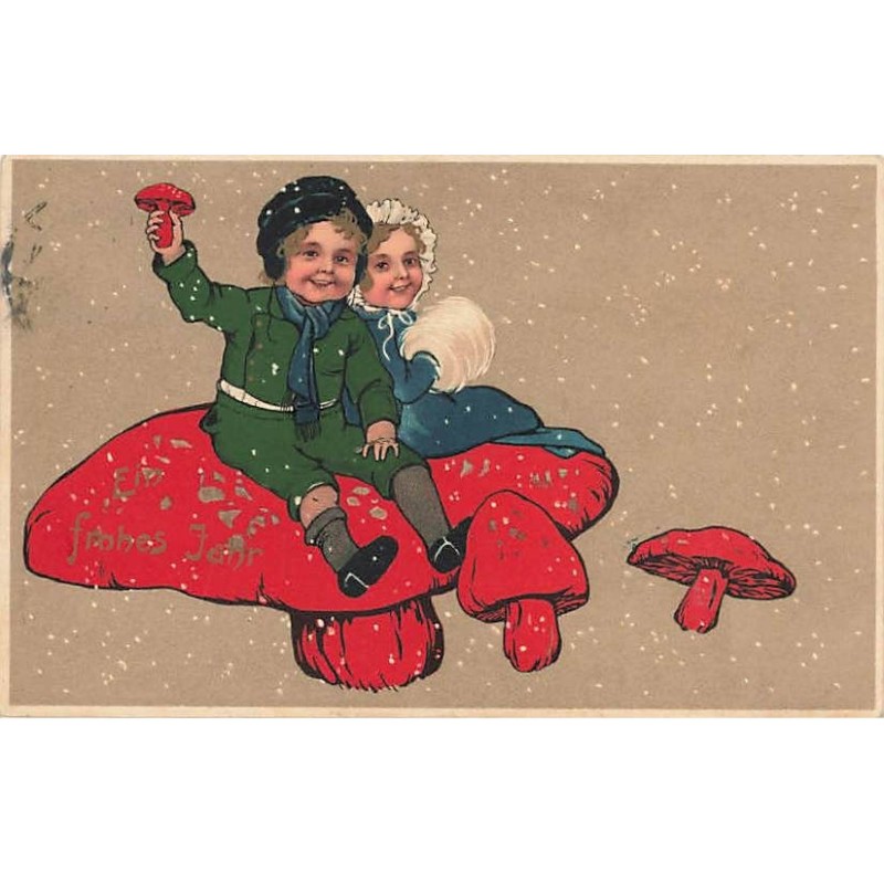 n°25942 - Flatscher - Couple d'Enfants assis sur un Champignon (carte recollée)