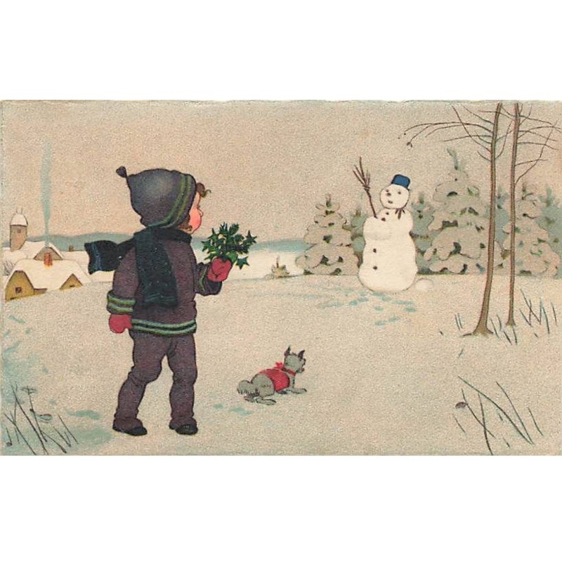 n°25945 - F. Baumgarten - Enfant avec un chien et Bonhomme de Neige