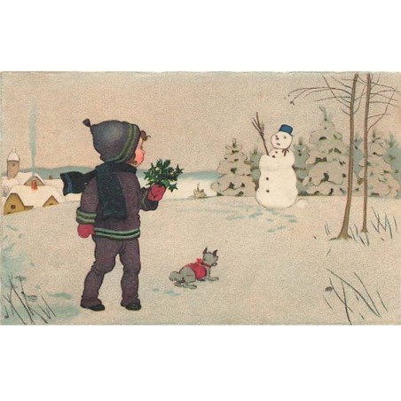 n°25945 - F. Baumgarten - Enfant avec un chien et Bonhomme de Neige