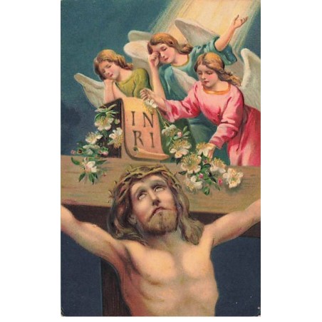 n°25947 - Carte Gaufrée - Christ sur la croix - Anges