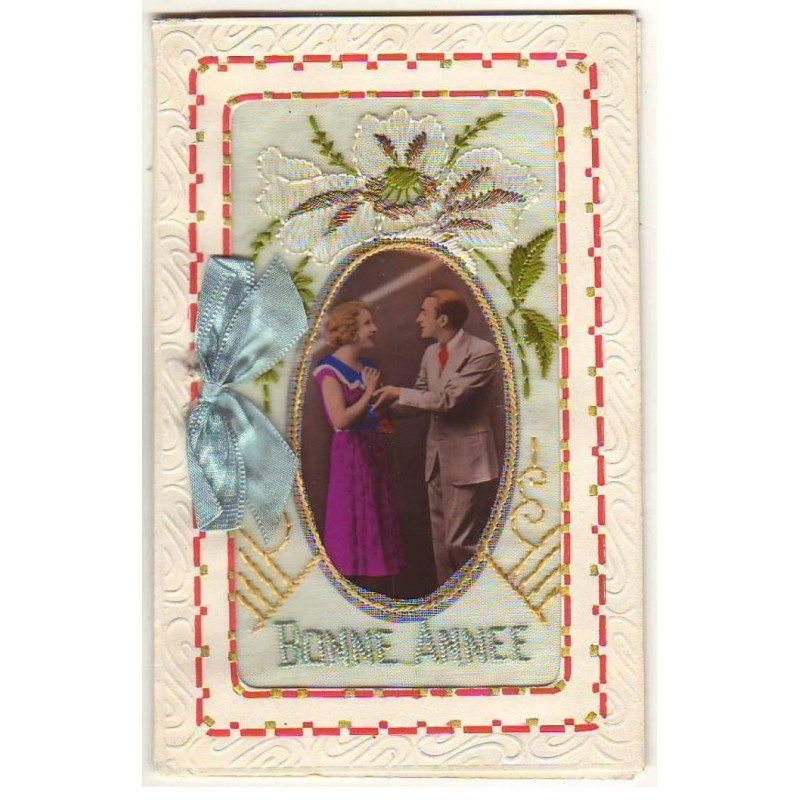 n°25951 - Fantaisie - Carte Brodée - Bonne Année - Photo d'un couple dans un médaillon