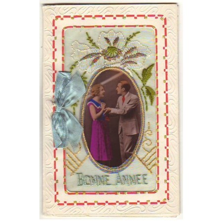 n°25951 - Fantaisie - Carte Brodée - Bonne Année - Photo d'un couple dans un médaillon