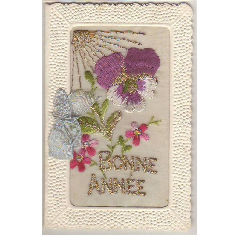 n°25952 - Fantaisie - Carte Brodée - Bonne Année - Fleur, Pensée