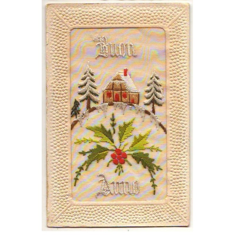 n°25953 - Fantaisie - Carte Brodée - Buon Anna - Houx, et maison sous la neige