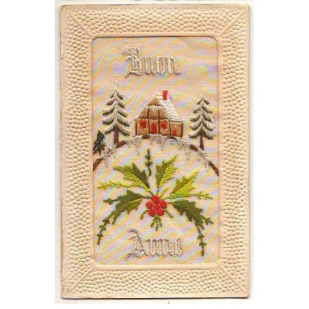 n°25953 - Fantaisie - Carte Brodée - Buon Anna - Houx, et maison sous la neige