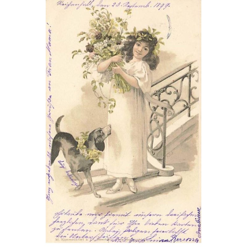 n°25956 - Fantaisie - MSM - Jeune fille portant un bouquet de fleurs, près d'un chien