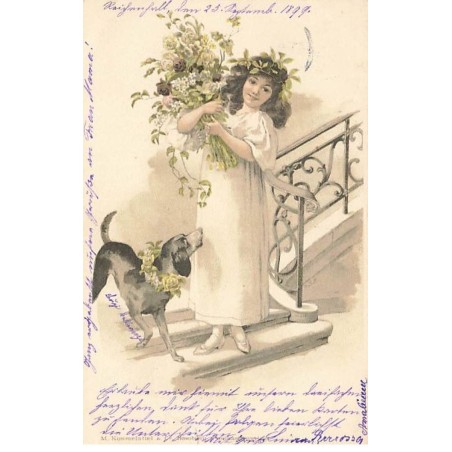 n°25956 - Fantaisie - MSM - Jeune fille portant un bouquet de fleurs, près d'un chien