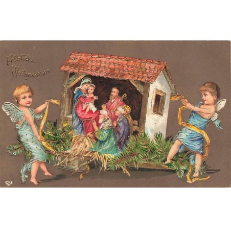 n°25957 - Carte Gaufrée - Noël - Fröhliche Weihnachten - Anges portant une crèche