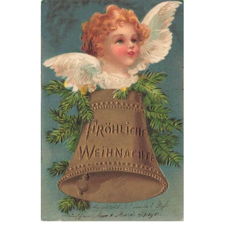 n°25958 - Carte Gaufrée - Clapsaddle - Fröhliche Weihnachten - Une cloche avec une tête d'ange au-dessus