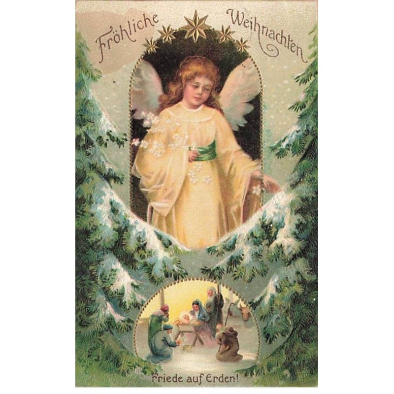n°25959 - Carte Gaufrée - Clapsaddle - Fröhliche Weihnachten - Friede auf Erden - Un ange veillant sur une crèche