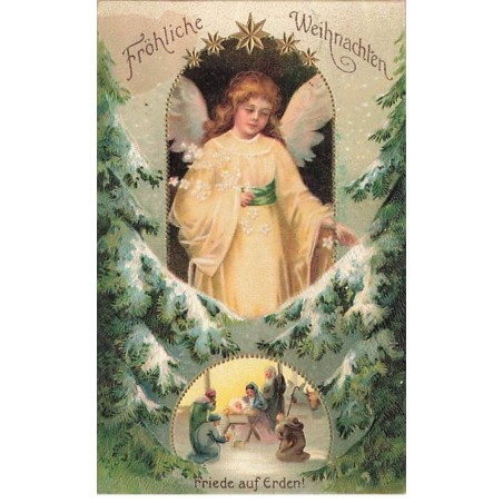n°25959 - Carte Gaufrée - Clapsaddle - Fröhliche Weihnachten - Friede auf Erden - Un ange veillant sur une crèche