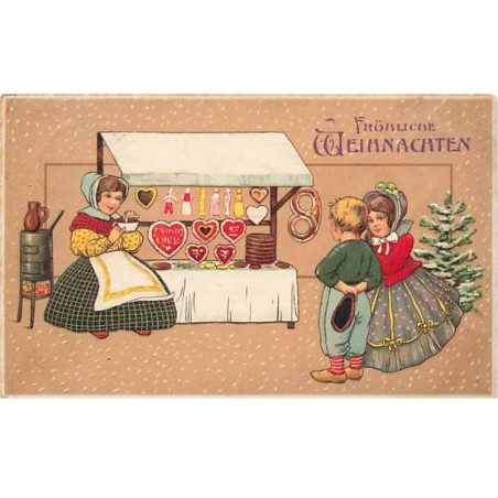 n°25960 - Carte Gaufrée - Fröhliche Weihnachten - Couple près d'un stand de gateaux de Noël