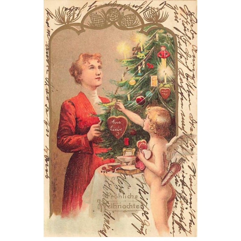 n°25963 - Noël - Fröhliche Weihnachten - Cupidon décorant un sapin avec une femme