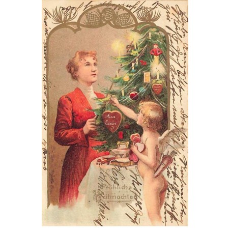 n°25963 - Noël - Fröhliche Weihnachten - Cupidon décorant un sapin avec une femme
