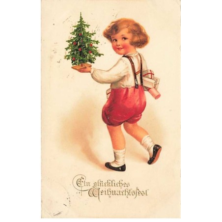 n°25966 - Noël - Clapsaddle - Jeune Garçon apportant un petit sapin et des cadeaux