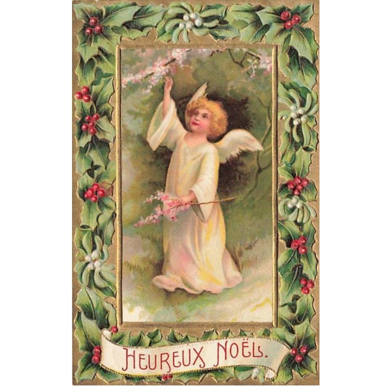 n°25968 - Carte Gaufrée - Clapsaddle - Heureux Noël - Ange cueillant des branches fleuries