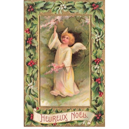 n°25968 - Carte Gaufrée - Clapsaddle - Heureux Noël - Ange cueillant des branches fleuries