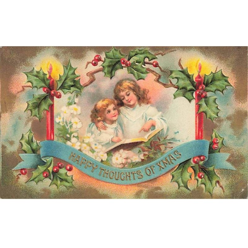 n°25971 - Carte Gaufrée - Clapsaddle - Happy thoughts of Xmas - Deux fillettes lisant un livre, houx