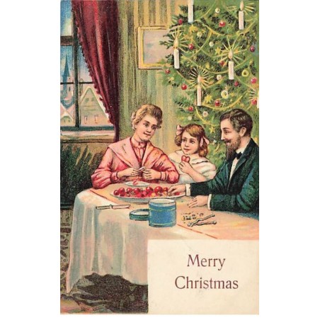 n°25972 - Carte Gaufrée - Noël - Merry Christmas - Une famille mangeant des noix près d'un sapin