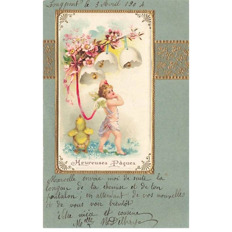 n°25979 - Carte Gaufrée - Clapsaddle - Heureuses Pâques - Ange sous des coquilles d'oeufs, avec un poussin