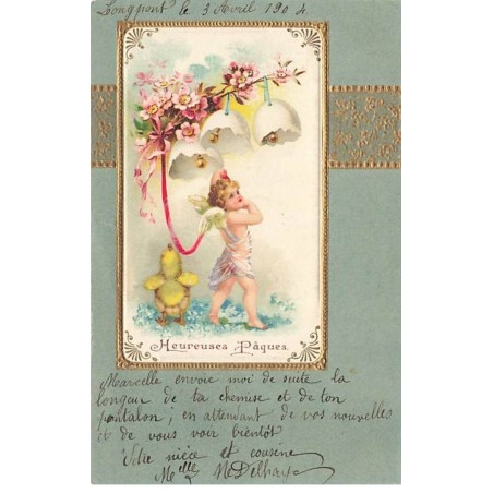 n°25979 - Carte Gaufrée - Clapsaddle - Heureuses Pâques - Ange sous des coquilles d'oeufs, avec un poussin