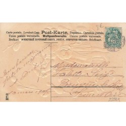 n°25981 - Carte Gaufrée - Joyeuses Pâques - Enfants, un tenant un poussin, entourés de fleurs de coton
