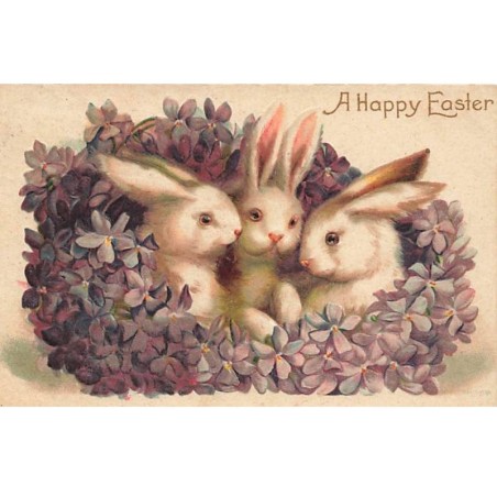 n°25982 - Carte Gaufrée - Pâques - A Happy Easter - Lapins au milieu de violettes