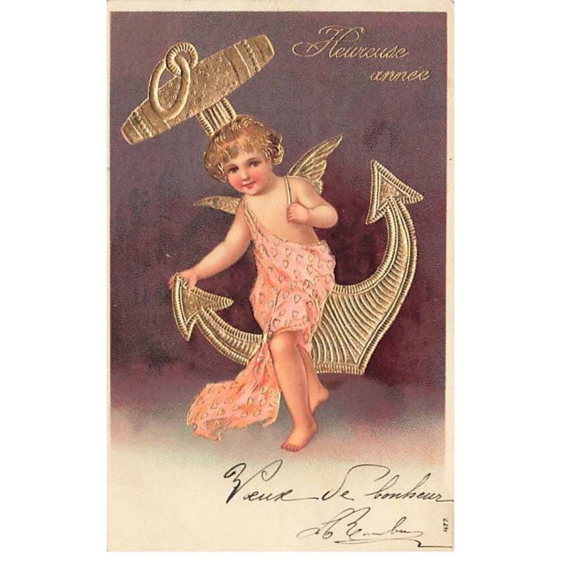 n°25983 - Carte Gaufrée - 477 - Nouvel An - Heureuse Année - Ange assis sur une ancre