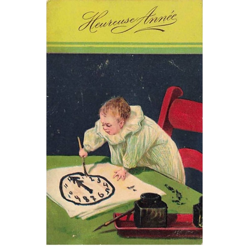 n°25987 - Carte Gaufrée - Nouvel An - Heureuse Année - Enfant dessinant une horloge