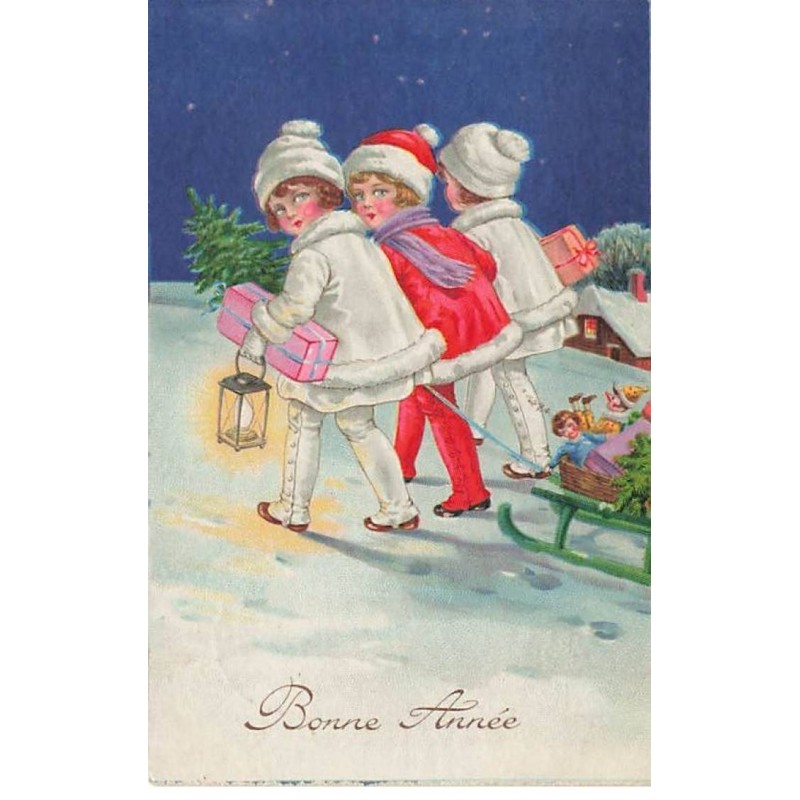n°25989 - Nouvel An - Bonne Année - Trois jeunes filles tirant une luge chargée de cadeaux