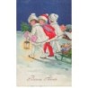 n°25989 - Nouvel An - Bonne Année - Trois jeunes filles tirant une luge chargée de cadeaux