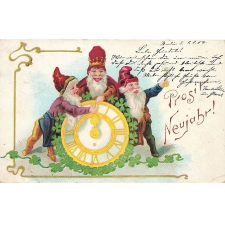 n°25990 - Nouvel An - Prosit Neujahr - Lutins, nains règlant une horloge