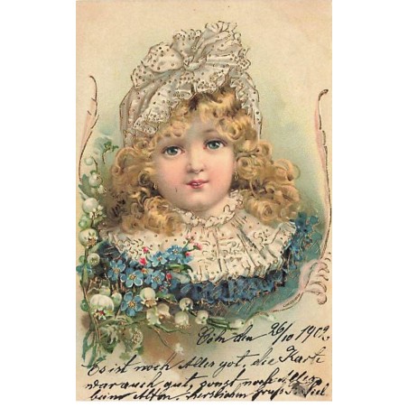 n°25993 - Carte Gaufrée - Fantaisie - Portrait d'une jeune fille, entourée de myosotis et muguet